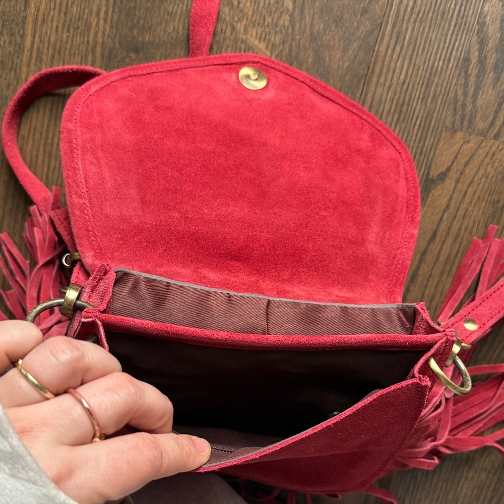 Fringed Suede Crossbody Bag in Red with Woven Accent - Picture 6 of 6